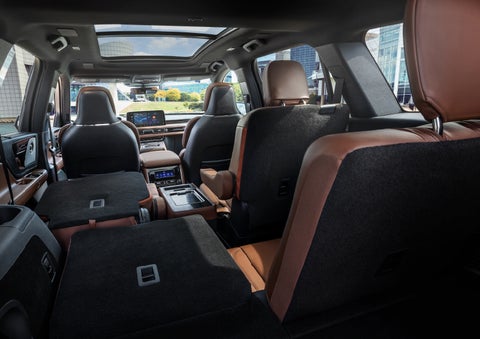 The interior of the 2025 Lincoln Aviator® SUV is shown with two seats folded down for added space. | Griffin Lincoln in Tifton GA